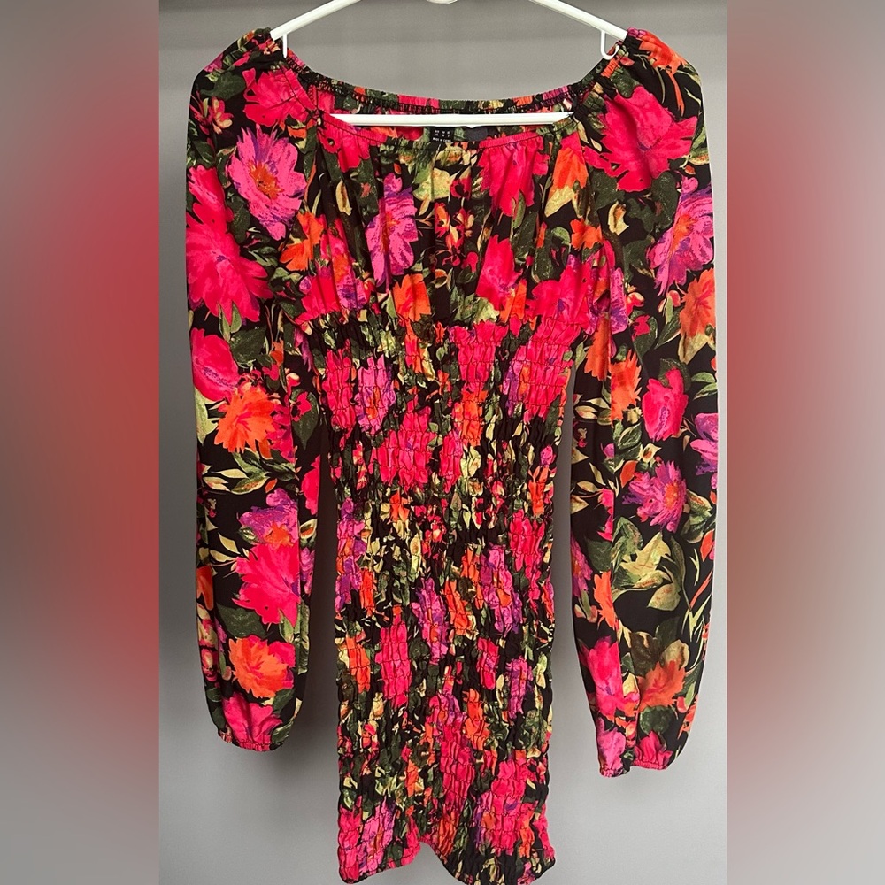 SHEIN size XS (2) black with red, pink & orange floral designed, smocked dress